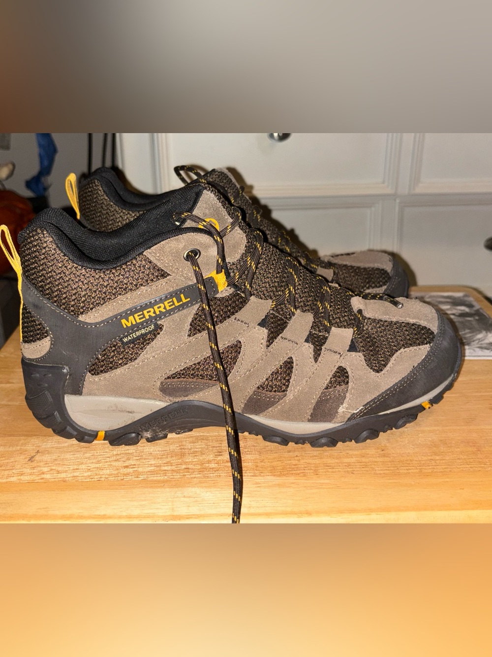Merrell Brown and Black Waterproof Hiking Boots with Yellow Accents